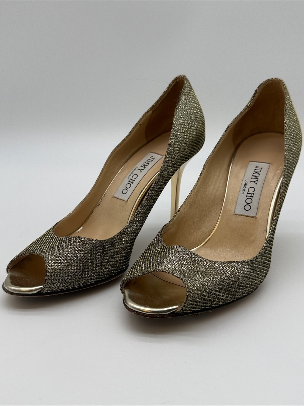 Jimmy Choo Metallic Glitter Peep-Toe Pumps Heels Size 37.5 / US7.5 Made in Italy